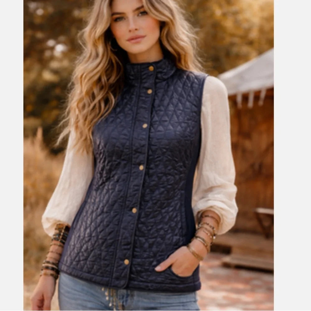 Talbots Diamond Quilted Vest Navy Blue